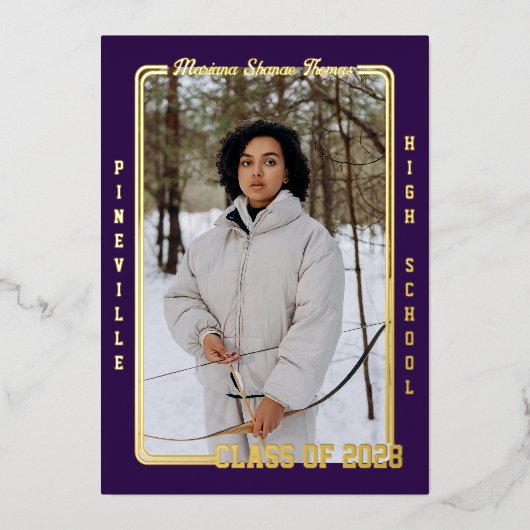 Purple Athlete Card Foil Graduation Announcement 箔招待状 (正面)