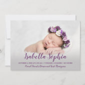 Purple Baby Girl Photo Birth Announcements (正面)