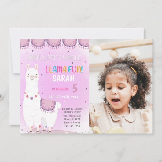 Purple Back Llama誕生日招待状と写真 招待状 (正面)