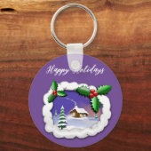 Purple Background with Christmas Tree, House キーホルダー (正面)