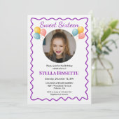 Purple Balloons Photo Sweet Sixteen Birthday  招待状 (スタンド正面)