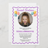 Purple Balloons Photo Sweet Sixteen Birthday  招待状 (正面/裏面)