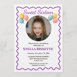 Purple Balloons Photo Sweet Sixteen Birthday  招待状