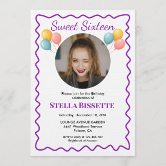 Purple Balloons Photo Sweet Sixteen Birthday  招待状