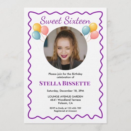 Purple Balloons Photo Sweet Sixteen Birthday  招待状 (正面)