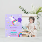Purple Balloons Unicorn誕生日招待状写真 招待状 (スタンド正面)