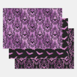 Purple Bat Halloween Damask Patterns ラッピングペーパーシート