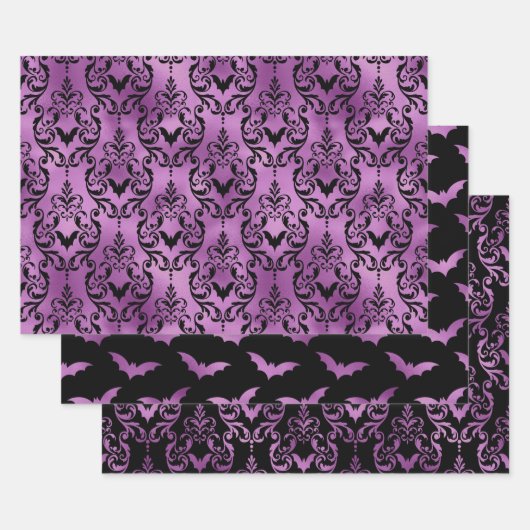 Purple Bat Halloween Damask Patterns ラッピングペーパーシート (セット)