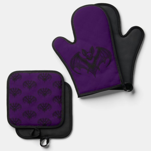 Purple Bat Patterned Oven Mitt and Pot Holder Set 鍋つかみ&鍋敷きセット (正面/裏面)