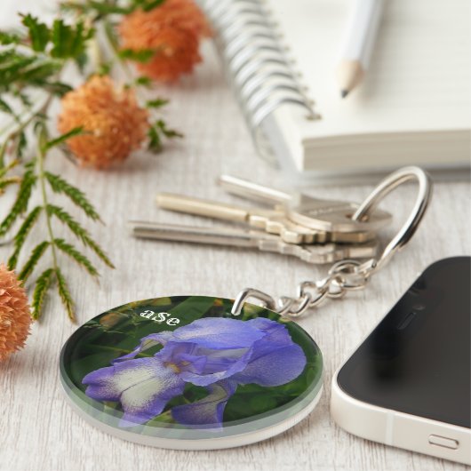 Purple Bearded Iris Floral Monogram Acrylic Keycha キーホルダー (正面右)