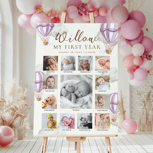 Purple Beary First Birthday Photo Timeline ポスター