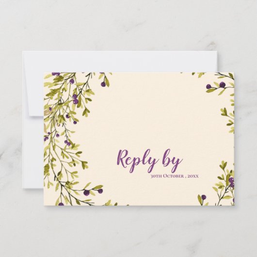 Purple Berry Botanical Greenery Wedding 出欠カード (正面)