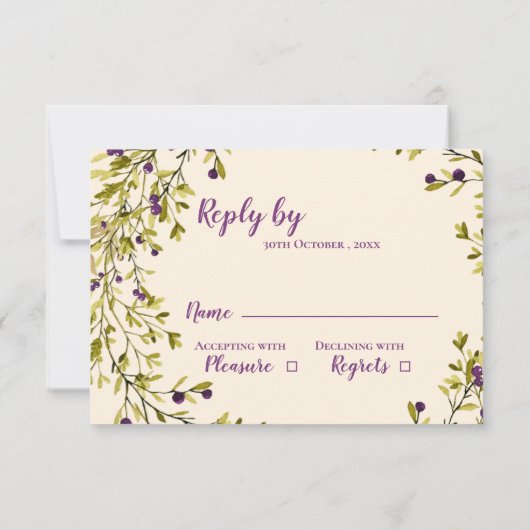 Purple Berry Botanical Greenery Wedding 出欠カード (裏面)