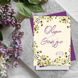 Purple Berry Greenery Leaves Wedding Save the Date ポストカード