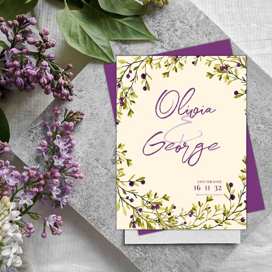 Purple Berry Greenery Leaves Wedding Save the Date ポストカード