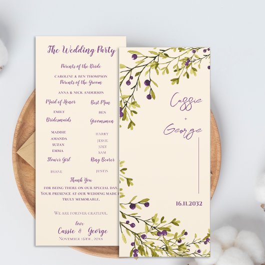 Purple Berry & Greenery Wedding Program Card 招待状