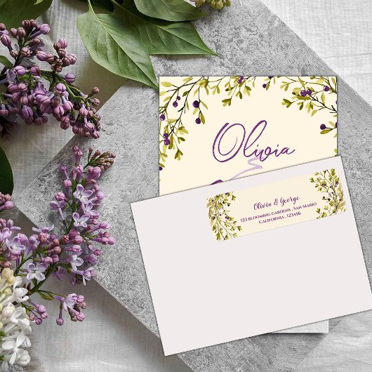 Purple Berry Greenery Wedding Return Address Label ラベル