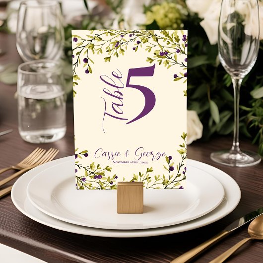  Purple Berry Rustic Greenery Wedding Table Number サンキューカード