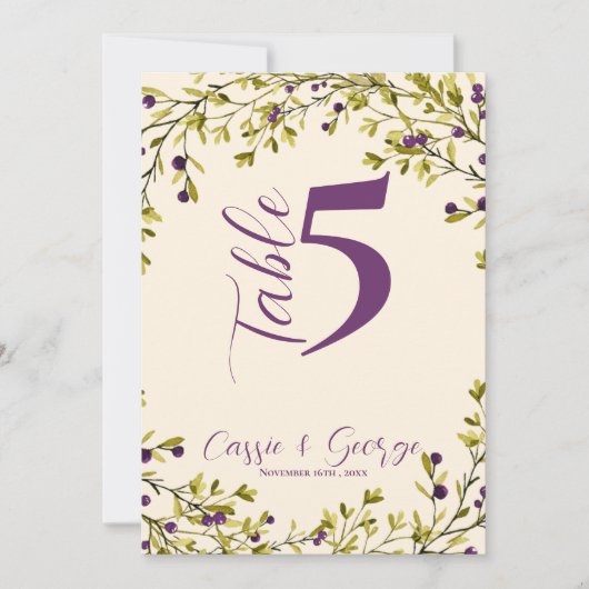  Purple Berry Rustic Greenery Wedding Table Number サンキューカード (正面)