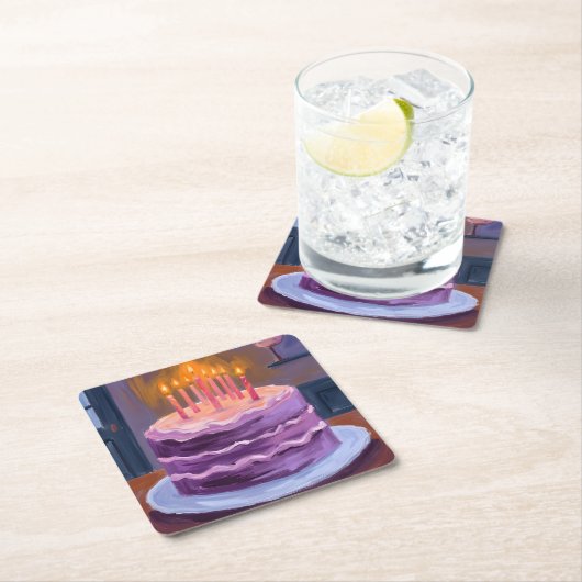 Purple Birthday Cake Painting Birthday Party スクエアペーパーコースター (インサイチュ)