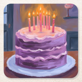 Purple Birthday Cake Painting Birthday Party スクエアペーパーコースター