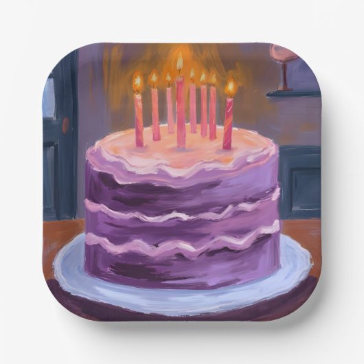 Purple Birthday Cake Painting Birthday Party ペーパープレート (正面)