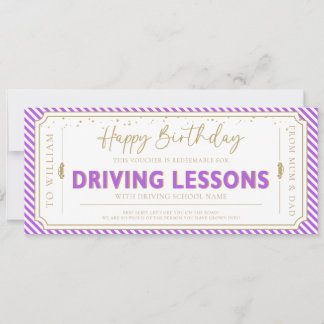 Purple Birthday Driving Lessons Gift Voucher Card 招待状