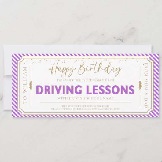 Purple Birthday Driving Lessons Gift Voucher Card 招待状 (正面)