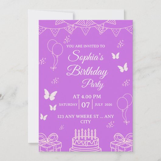 Purple Birthday Party Invitation with Balloons 招待状 (正面)