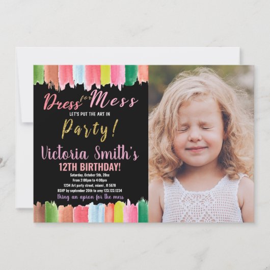 Purple Black Art inパーティー絵を描誕生日W写真 招待状 (正面)
