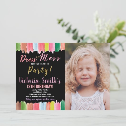 Purple Black Art inパーティー絵を描誕生日W写真 招待状 (スタンド正面)