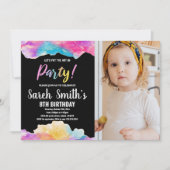 Purple Black Art inパーティー絵を描誕生日W写真 招待状 (正面)