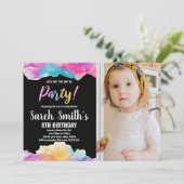 Purple Black Art inパーティー絵を描誕生日W写真 招待状 (スタンド正面)
