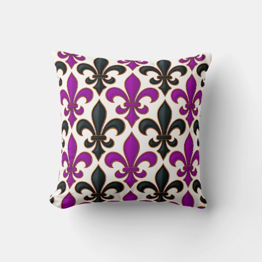 Purple Black Baroque Fleur-de-lis Pattern Design  クッション (正面)