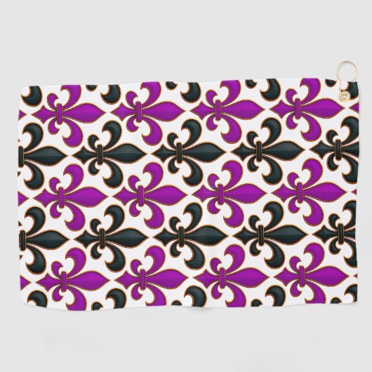 Purple Black Baroque Fleur-de-lis Pattern Design ゴルフタオル (横)