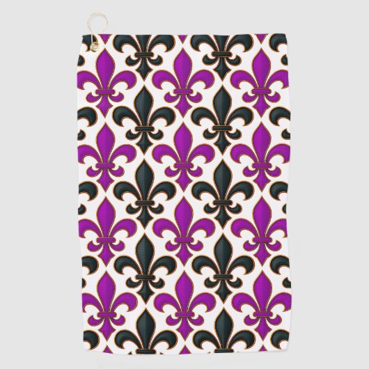 Purple Black Baroque Fleur-de-lis Pattern Design  ゴルフタオル (正面)