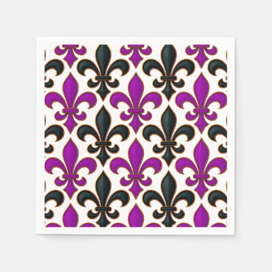 Purple Black Baroque Fleur-de-lis Pattern Design スタンダードカクテルナプキン (正面)