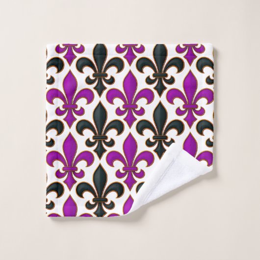 Purple Black Baroque Fleur-de-lis Pattern Design  バスタオルセット (ウォッシュタオル)