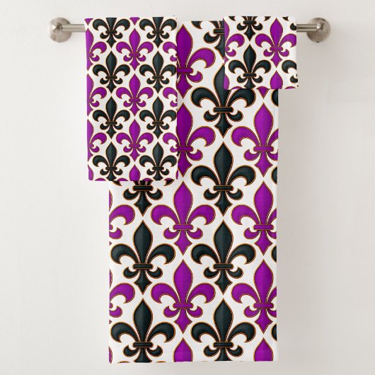 Purple Black Baroque Fleur-de-lis Pattern Design  バスタオルセット