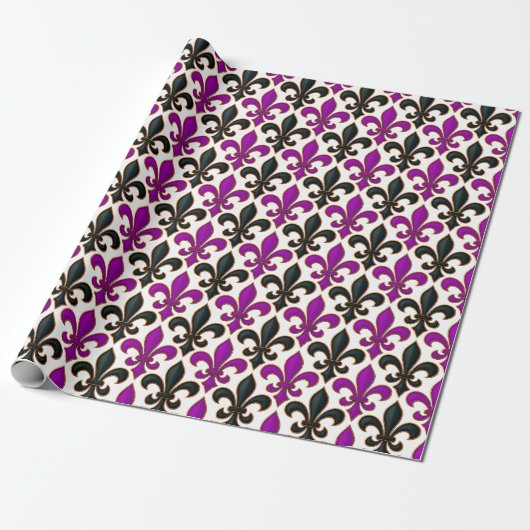 Purple Black Baroque Fleur-de-lis Pattern Design ラッピングペーパー (アンロールド)
