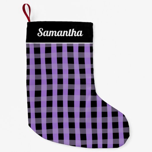 Purple Black Buffalo Plaid Personalized Name スモールクリスマスストッキング (正面)