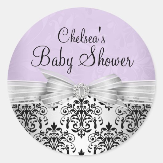 Purple & Black Damask Baby Shower Sticker ラウンドシール (正面)