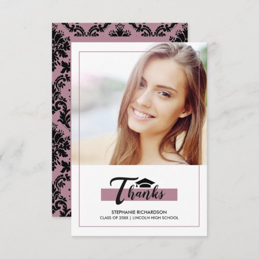 Purple Black Graduationありがとうフォトカード 招待状 (正面/裏面)