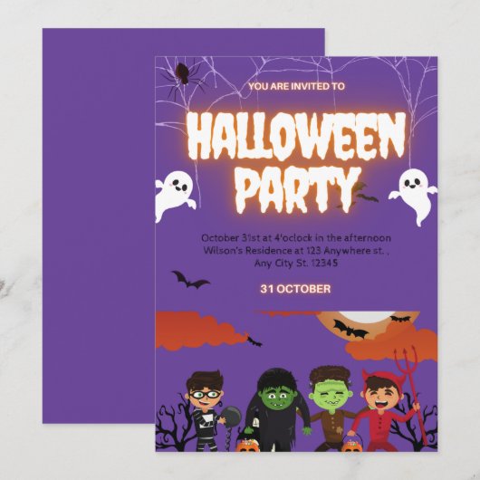 Purple & Black Halloween Party Invitation 招待状 (正面/裏面)