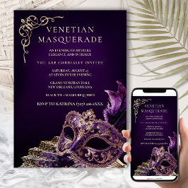 Purple Black Masquerade Ball Elegant Venetian  招待状