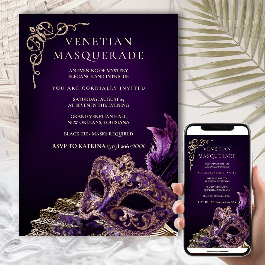 Purple Black Masquerade Ball Elegant Venetian 招待状
