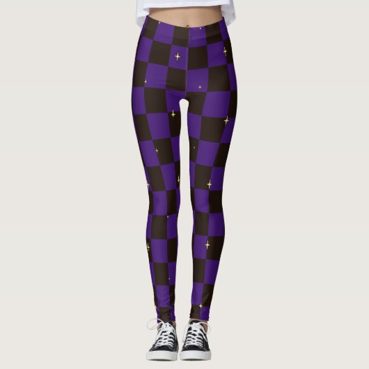 Purple & Black Plaid Halloween Leggings With Stars レギンス (正面)