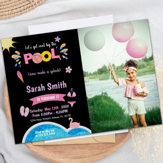 Purple Black Pool Birthday Invitations with photo 招待状