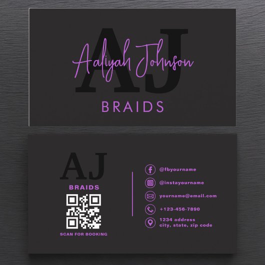 Purple Black QR Code Braids Hair Stylist 名刺