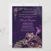 Purple Black Sweet 16 Masquerade Elegant Venetian 招待状 (正面)